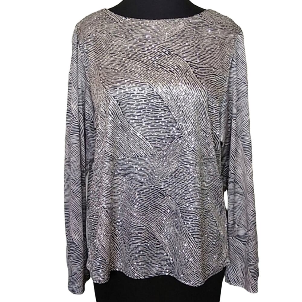 Boston Maid Womens Large Vintage Zebra Print Glitter Blouse Metallic Black White